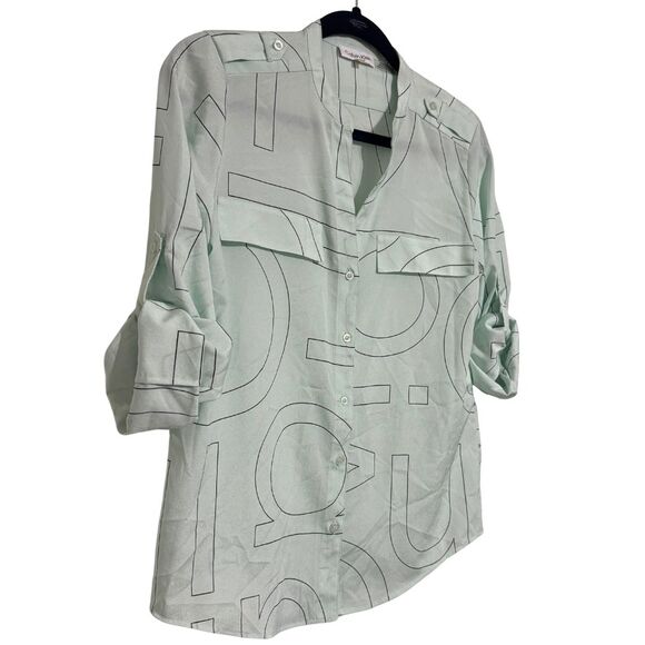 CALVIN KLEIN Printed Logo Long Sleeve Button Down Blouse Mint Green Black NWT XS - Picture 3 of 6